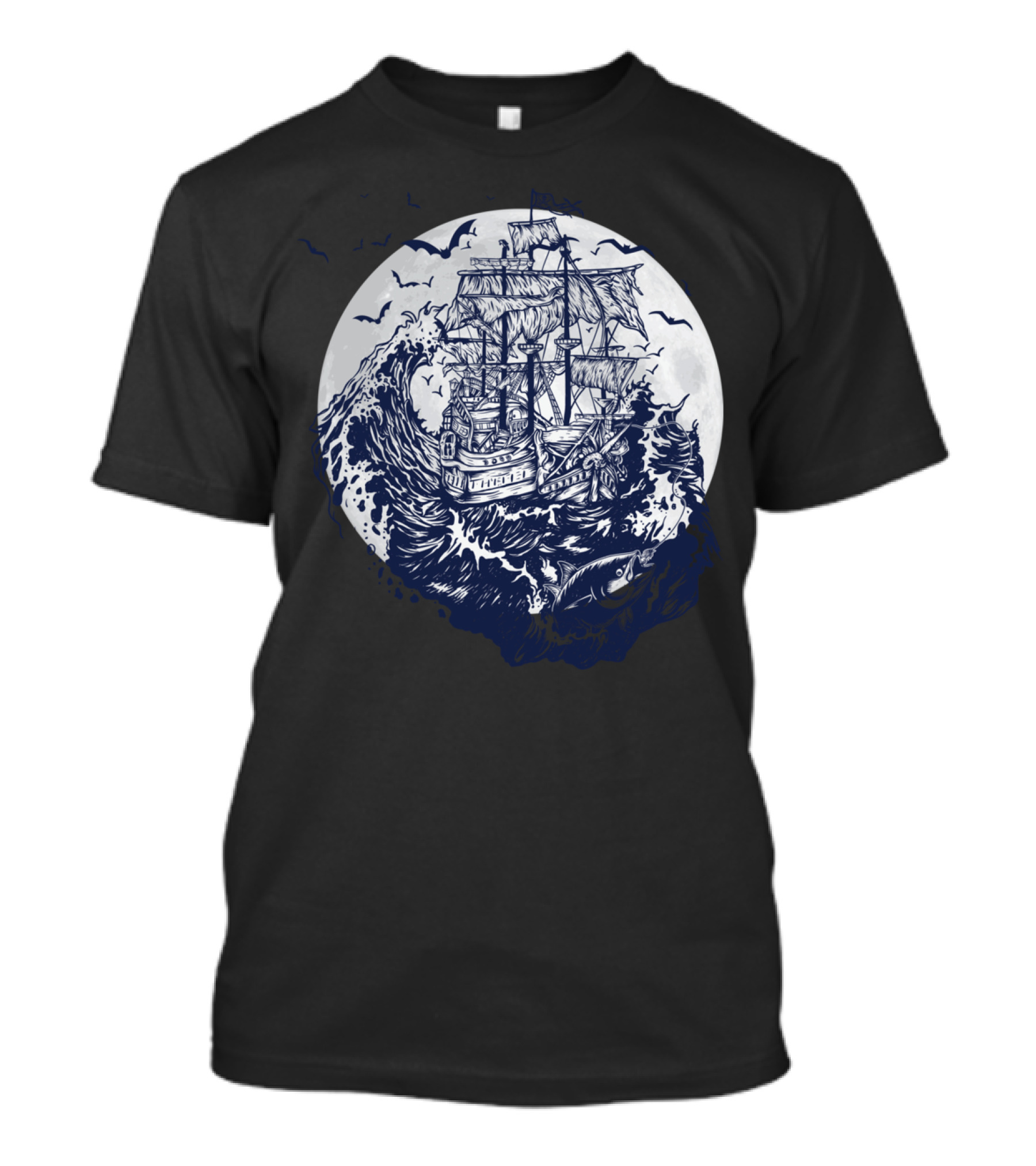 Fishing Ship On Turbulent Waves Under Full Moon With Birds And Fish T-Shirt