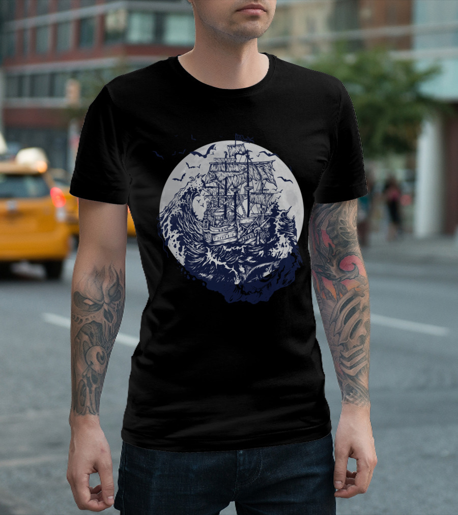 Fishing Ship On Turbulent Waves Under Full Moon With Birds And Fish T-Shirt