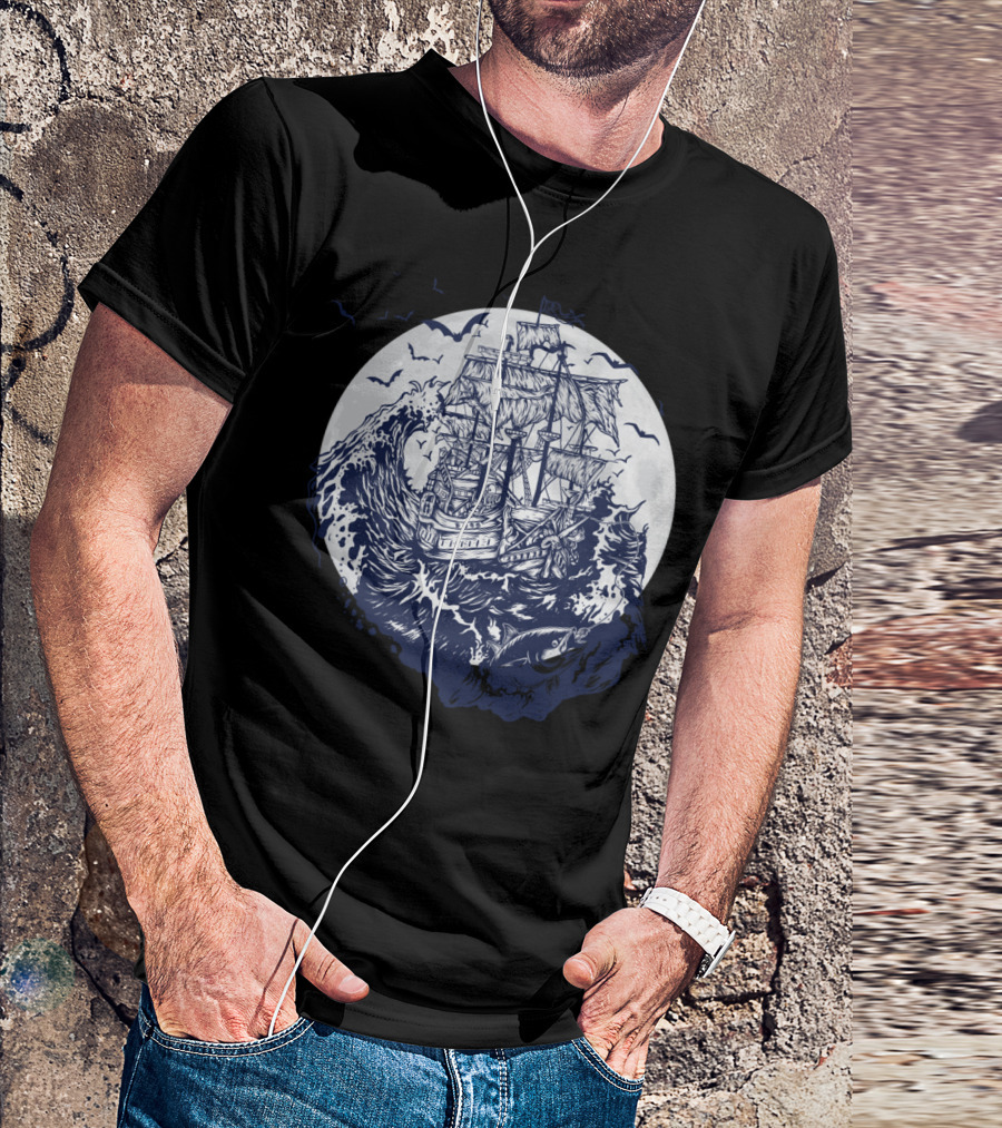 Fishing Ship On Turbulent Waves Under Full Moon With Birds And Fish T-Shirt