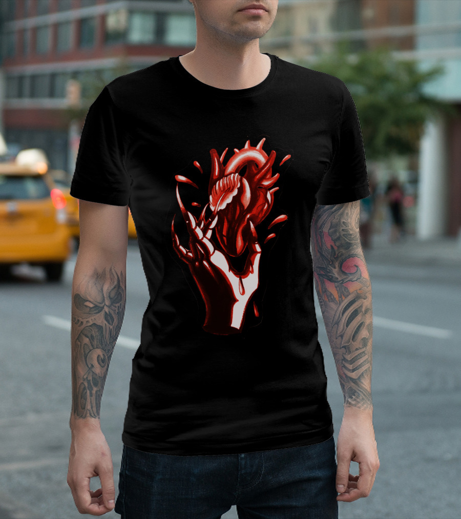 All Red Hand Holding Heart with Blood Splatter T-Shirt