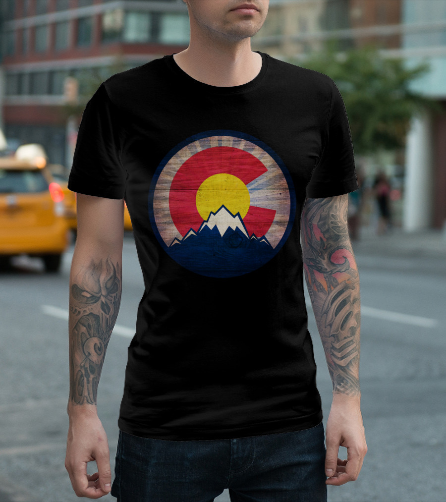 Colorado Flag Rustic Wood Mountain Circle T-Shirt