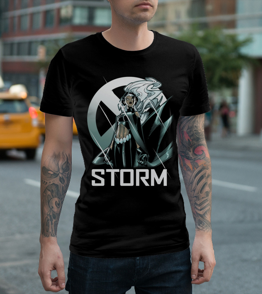 Storm With X-Men Emblem Background T-Shirt
