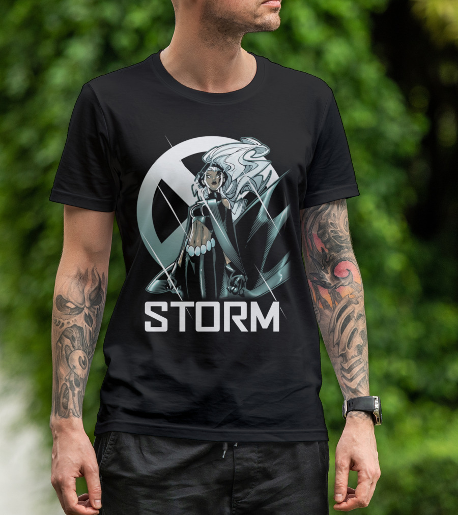 Storm With X-Men Emblem Background T-Shirt