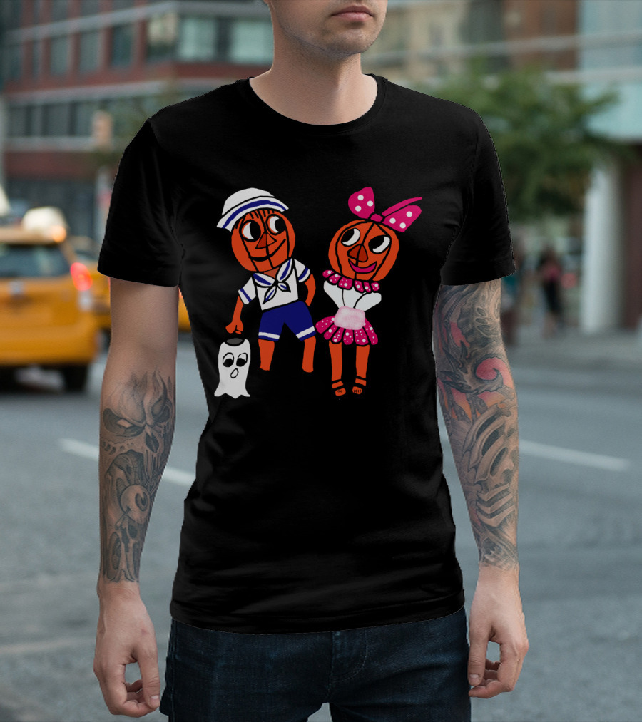 Pumpkin Head Love Ghost Sailor And Bow Outfit Duo T-Shirt