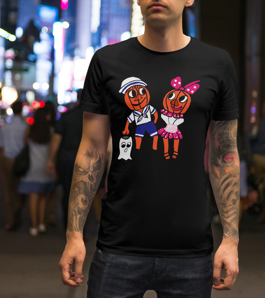 Pumpkin Head Love Ghost Sailor And Bow Outfit Duo T-Shirt