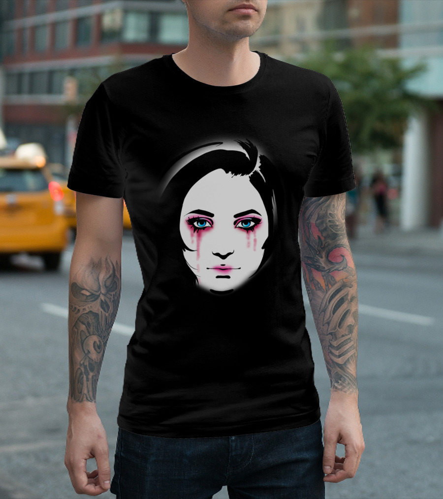 60s Child Gothic Glamour Black and White Bold Portrait with Pink Tears T-Shirt