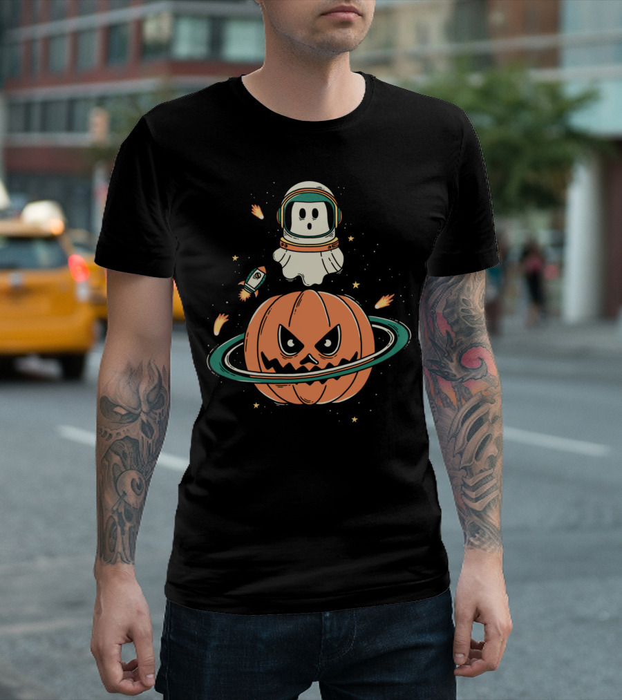Pumpkin Planet Ghost Astronaut Space Adventure T-Shirt
