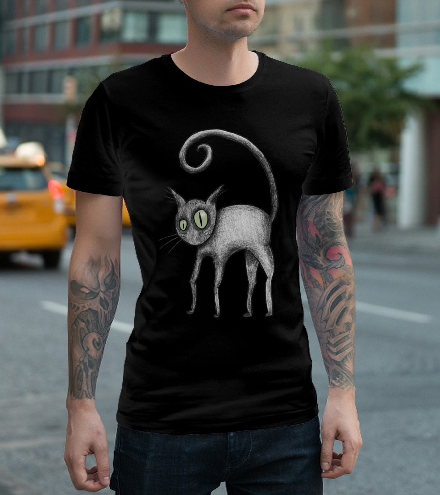 Black Cat with Curled Tail Comic T-Shirt