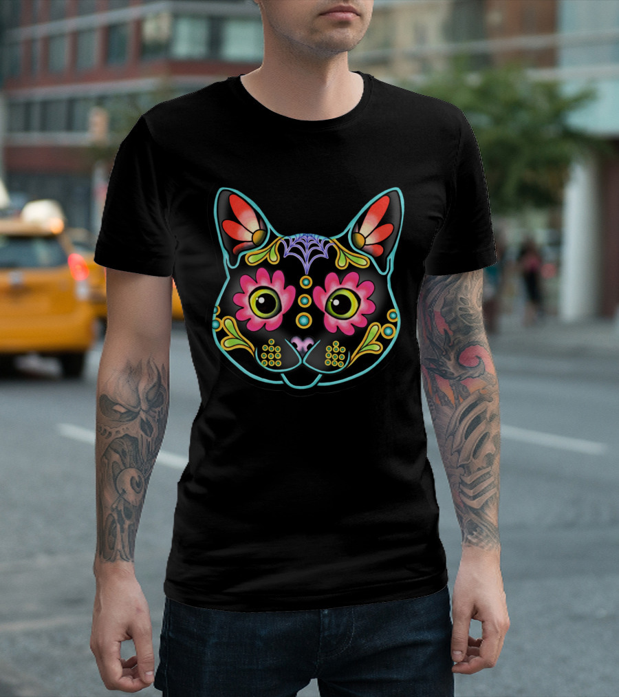 Black Cat Day Of The Dead Sugar Skull Flowers Web T-Shirt