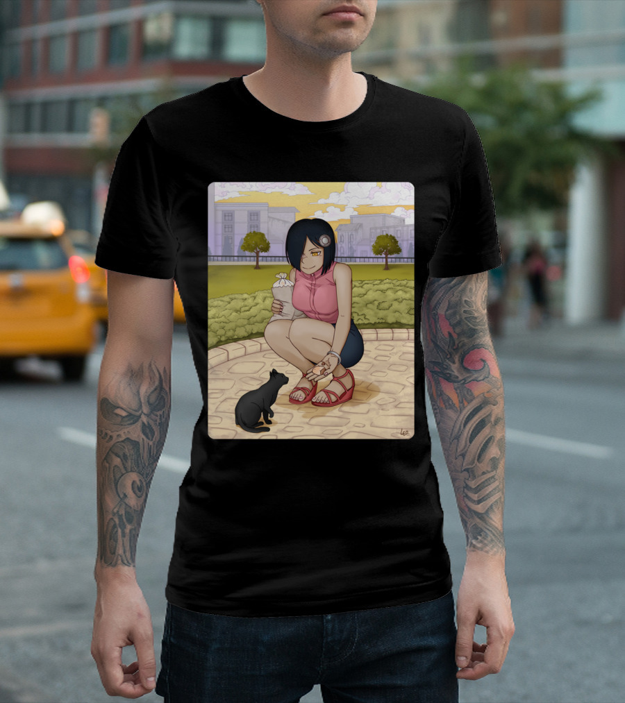 Lia Lourist Feeding Black Cat in Park Scene T-Shirt