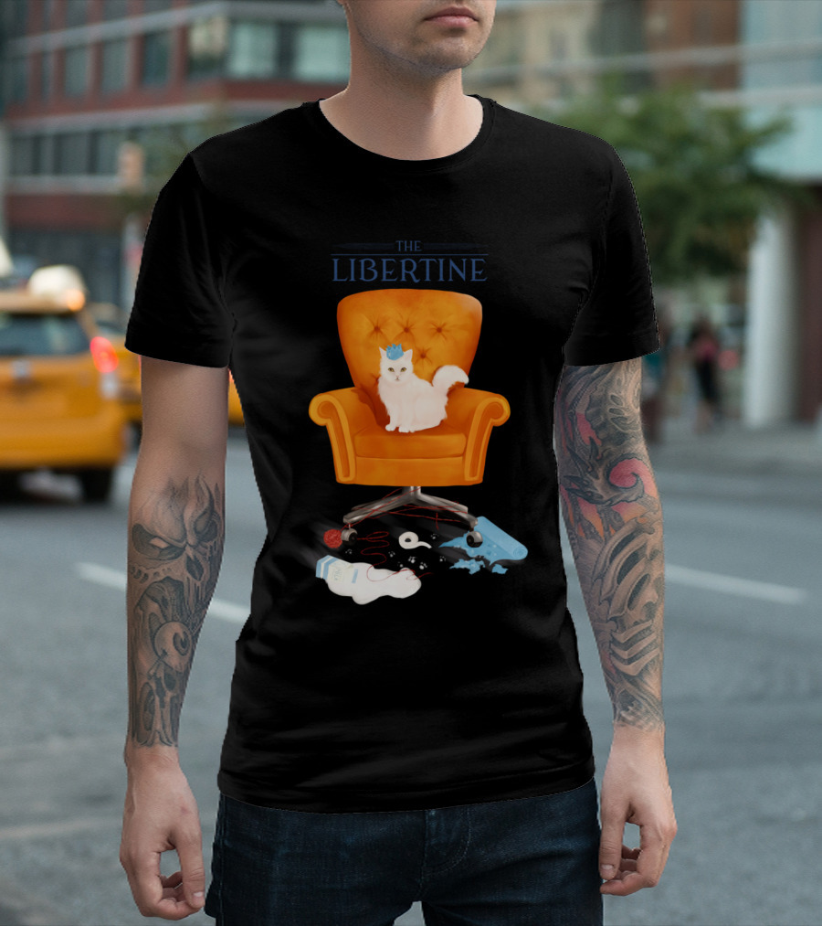 THE LIBERTINE Cat on Orange Chair With Spilled Yarn and Tools T-Shirt