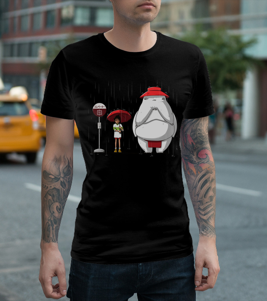 Spirited Away Elevator Anime Parody with Umbrella and Creature in Rain T-Shirt