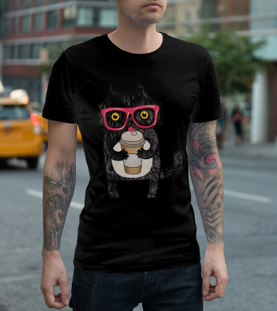 Black Coffee Cat Red Glasses T-Shirt