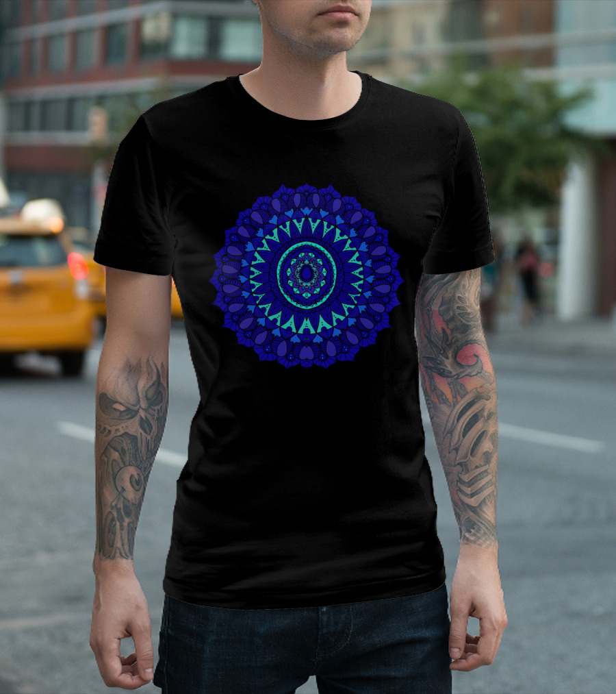 Hand Drawn Bohemian Sapphire Blue Mandala T-Shirt