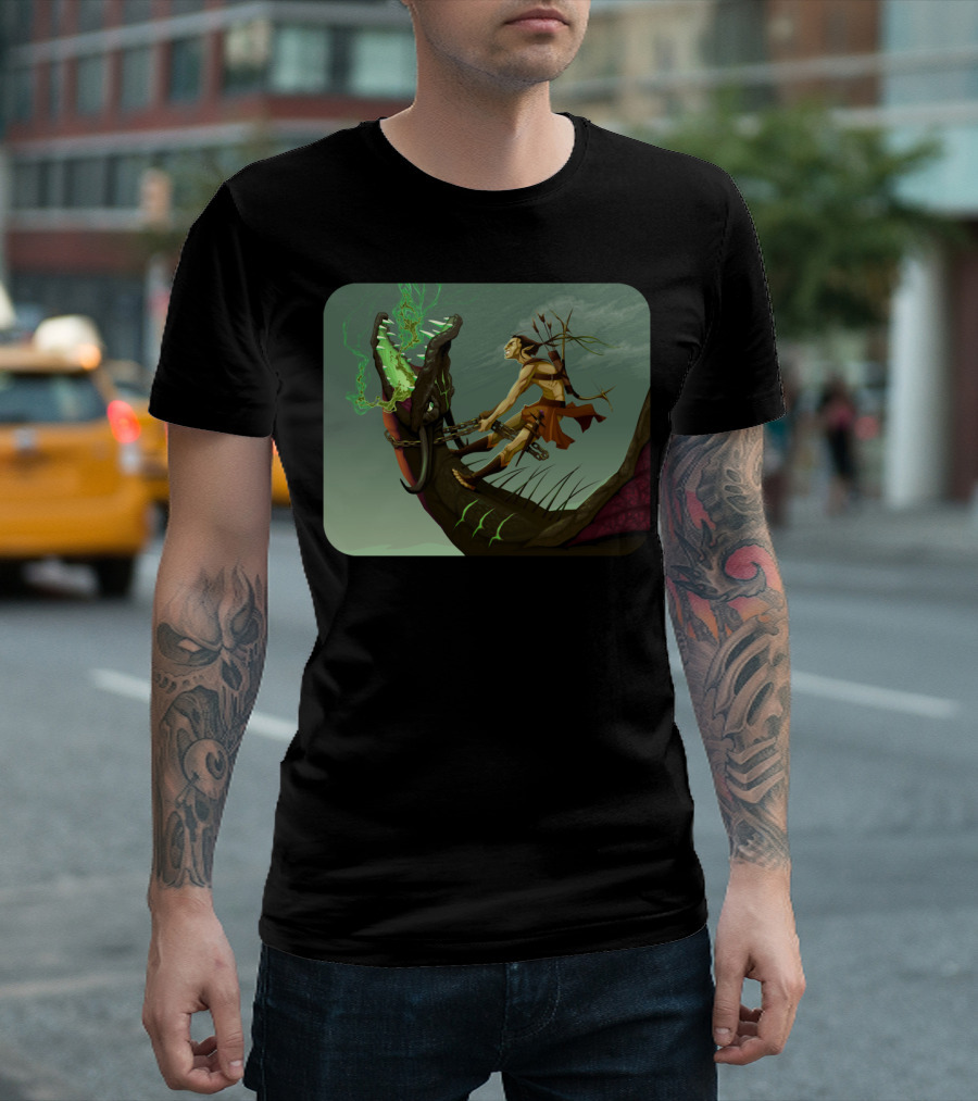 Elf Warrior with Bow Riding Mighty Dragon T-Shirt