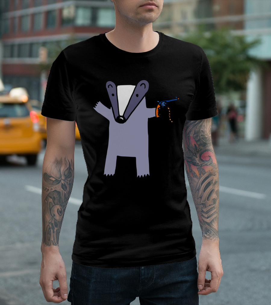 Badger Holding a Blue Cap Gun with Orange Handle T-Shirt