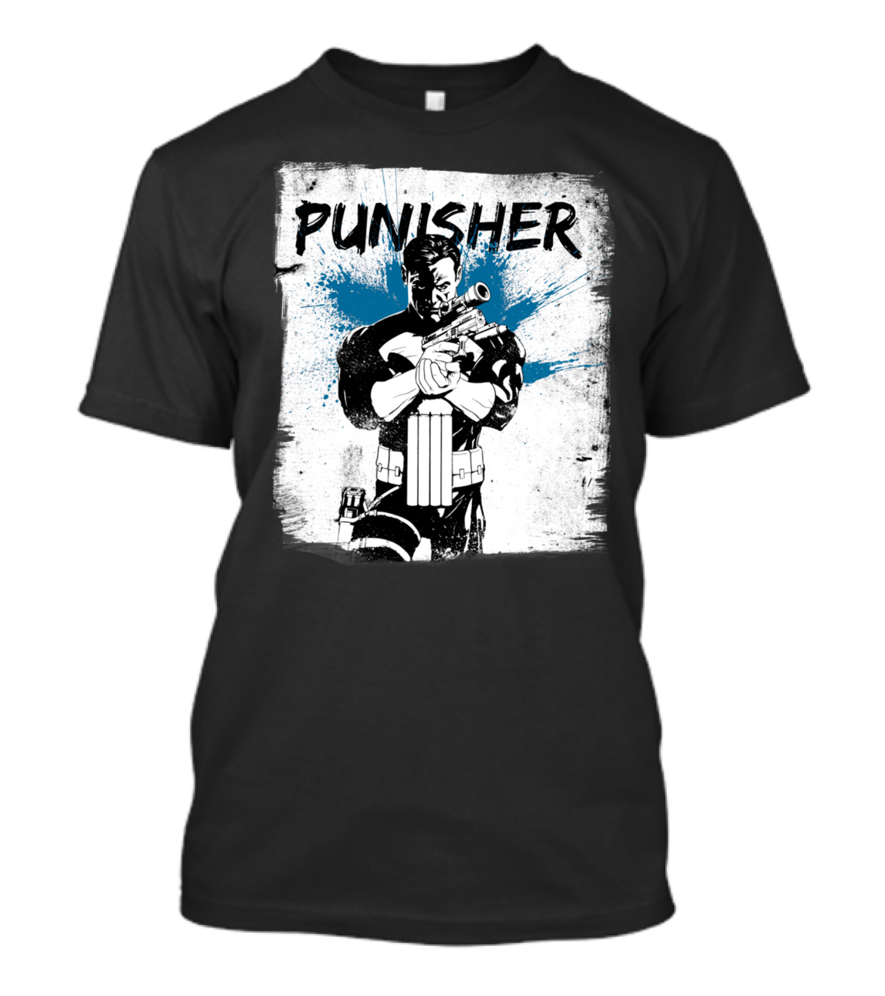 PUNISHER Paint Splatter Comic Style Blue Accents T-Shirt