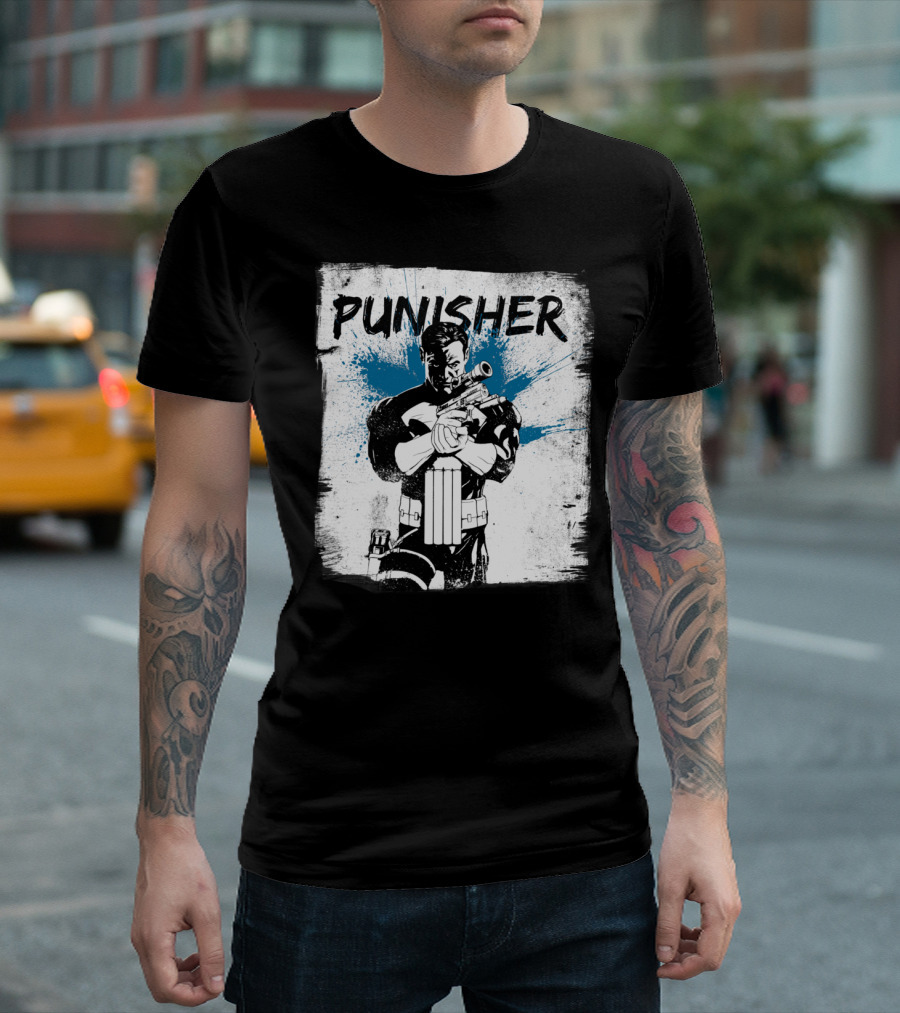 PUNISHER Paint Splatter Comic Style Blue Accents T-Shirt