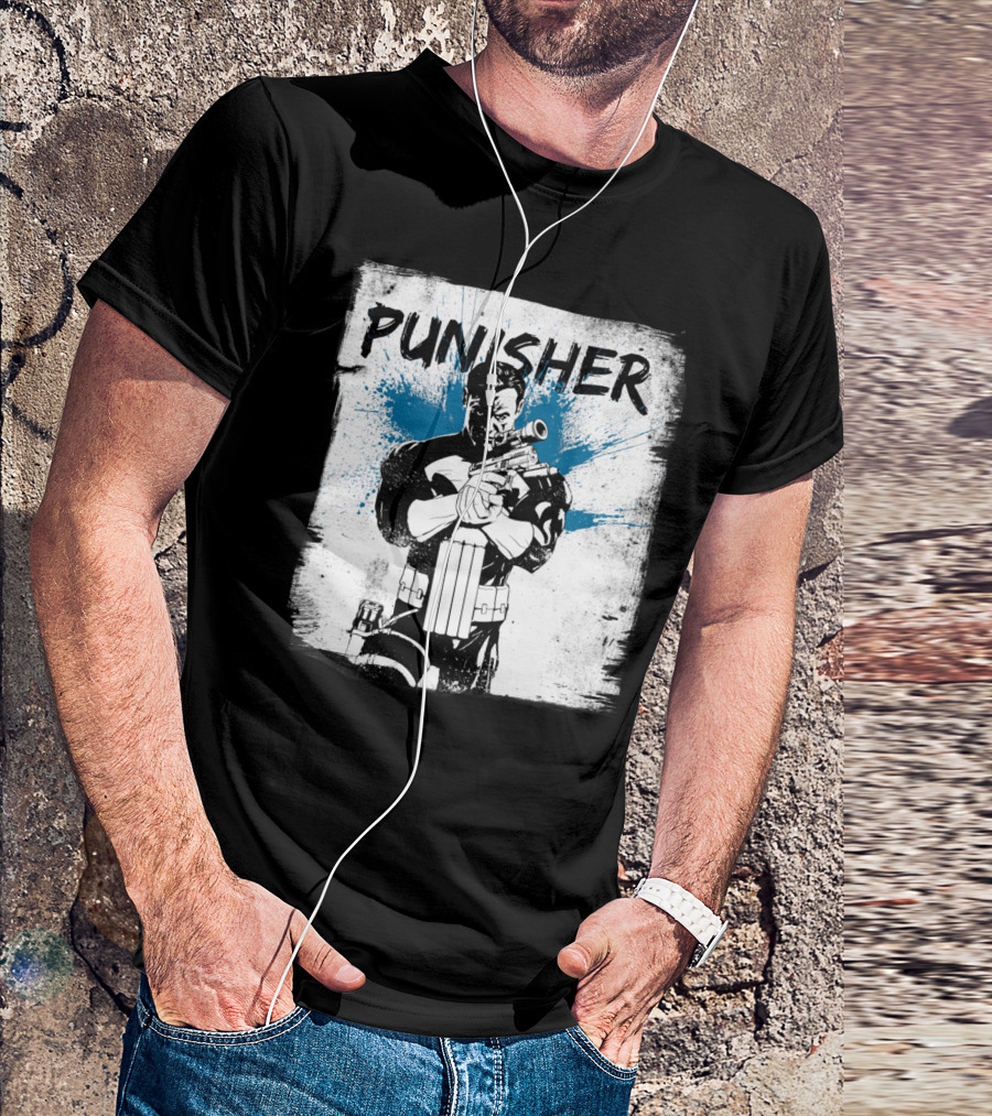 PUNISHER Paint Splatter Comic Style Blue Accents T-Shirt