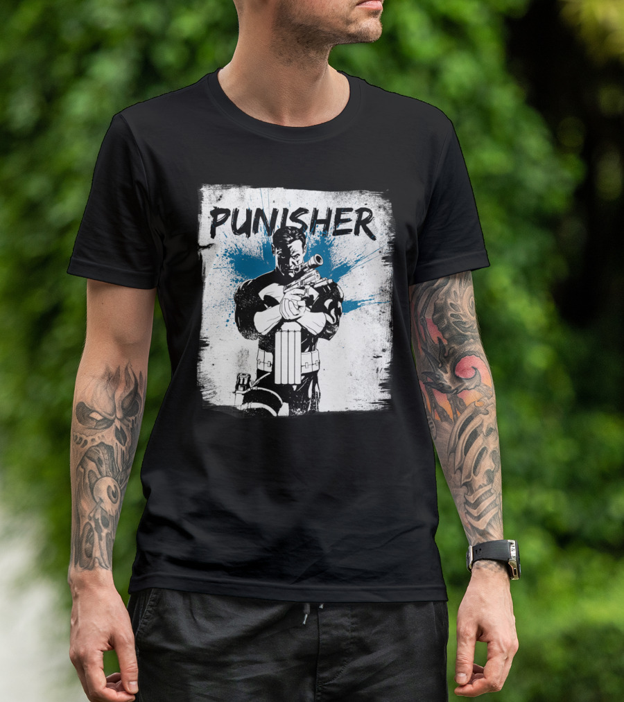 PUNISHER Paint Splatter Comic Style Blue Accents T-Shirt