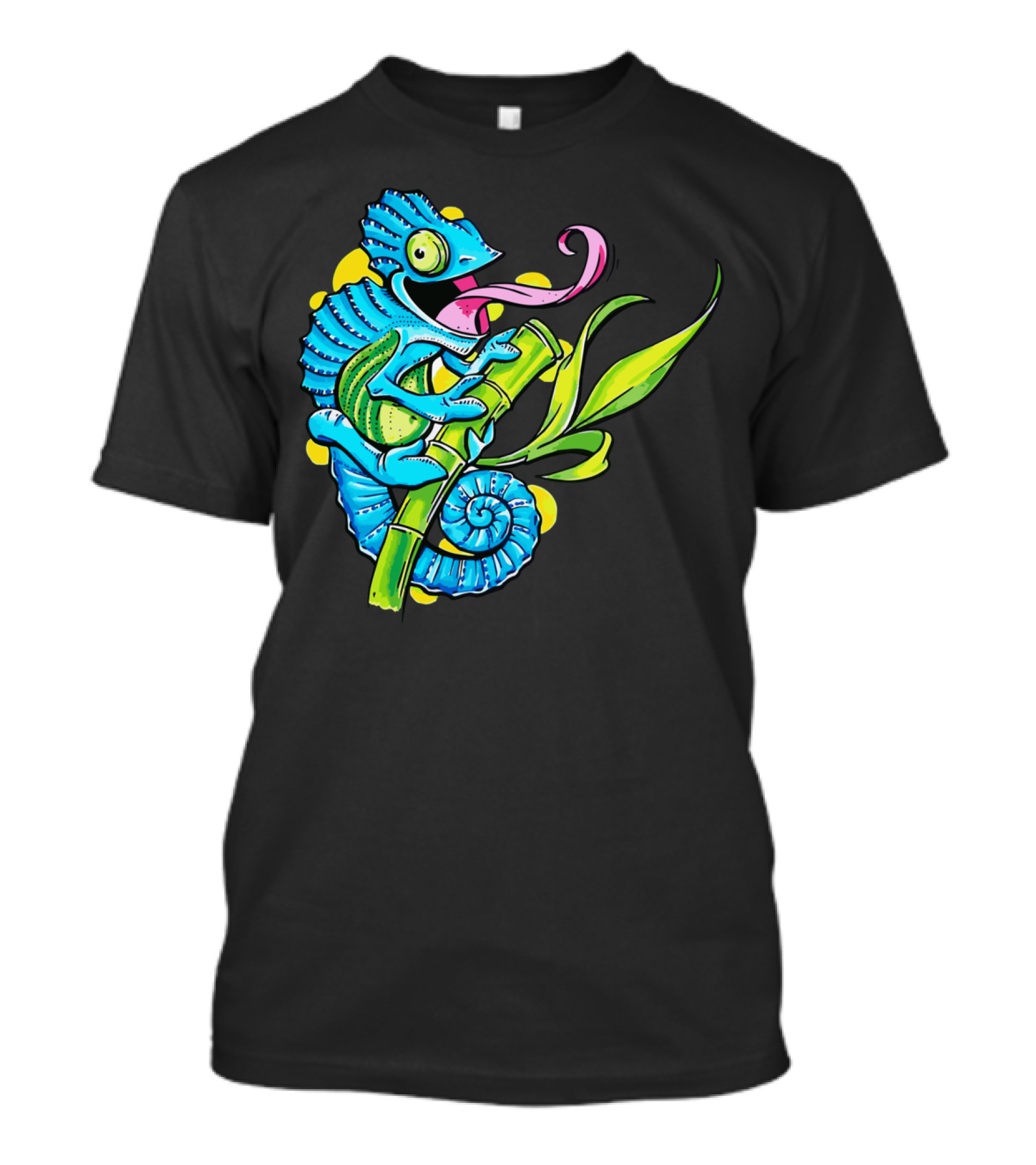 Colorful Climbing Chameleon Perched On Green Branch With Vibrant Colors T-Shirt