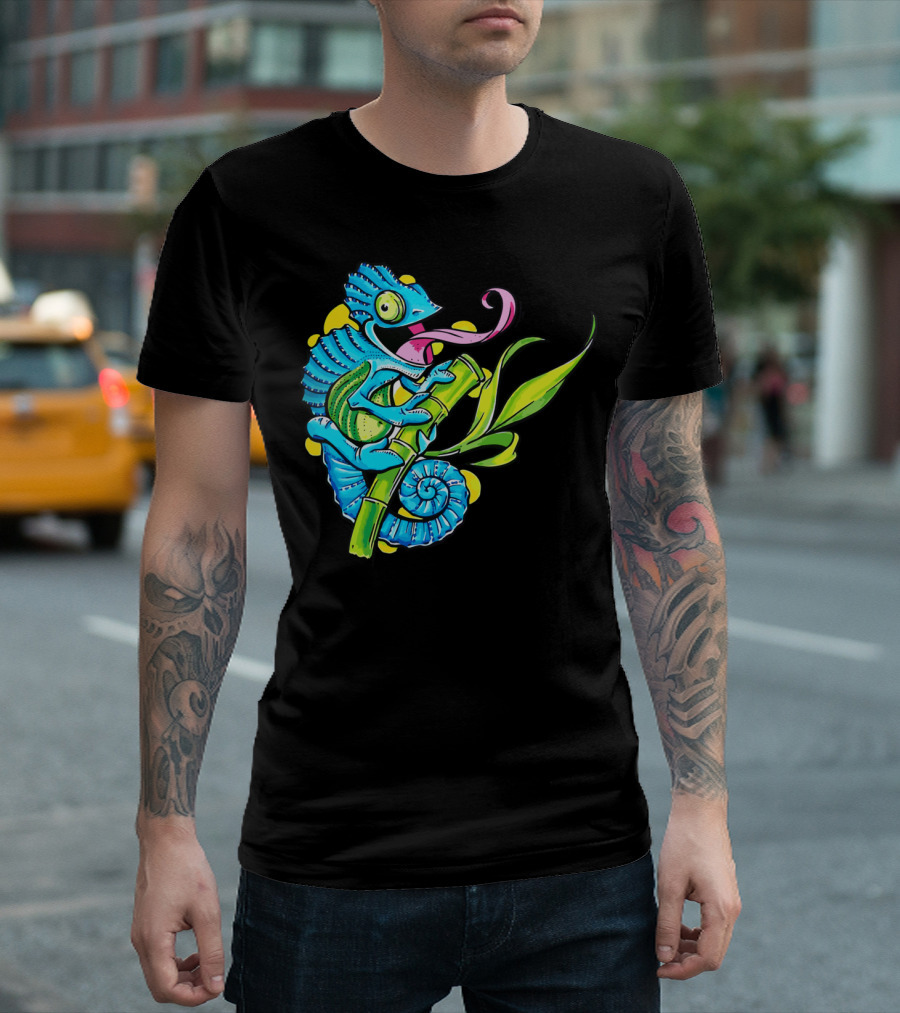 Colorful Climbing Chameleon Perched On Green Branch With Vibrant Colors T-Shirt
