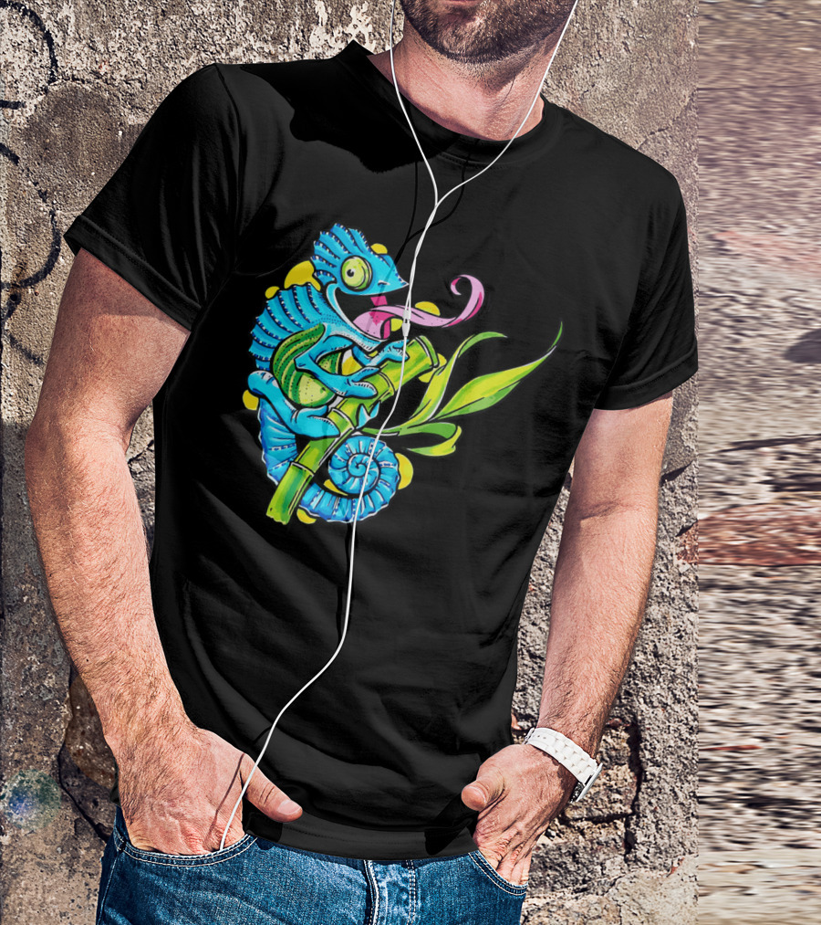Colorful Climbing Chameleon Perched On Green Branch With Vibrant Colors T-Shirt