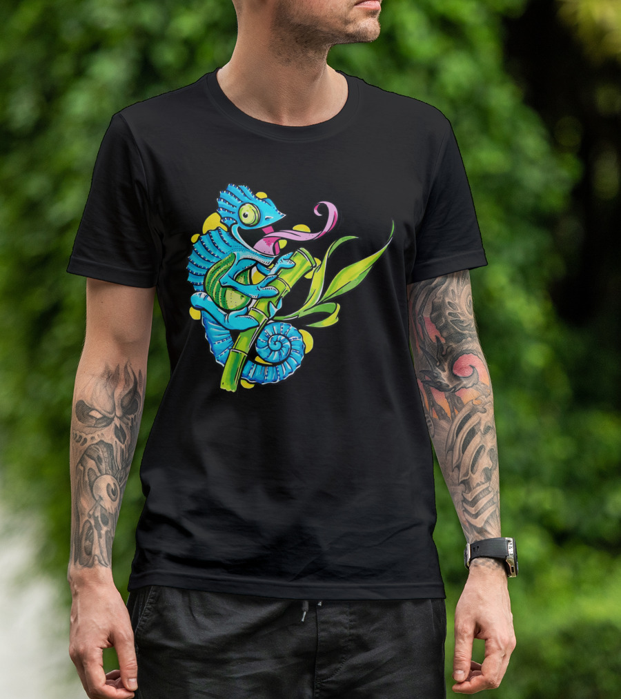 Colorful Climbing Chameleon Perched On Green Branch With Vibrant Colors T-Shirt
