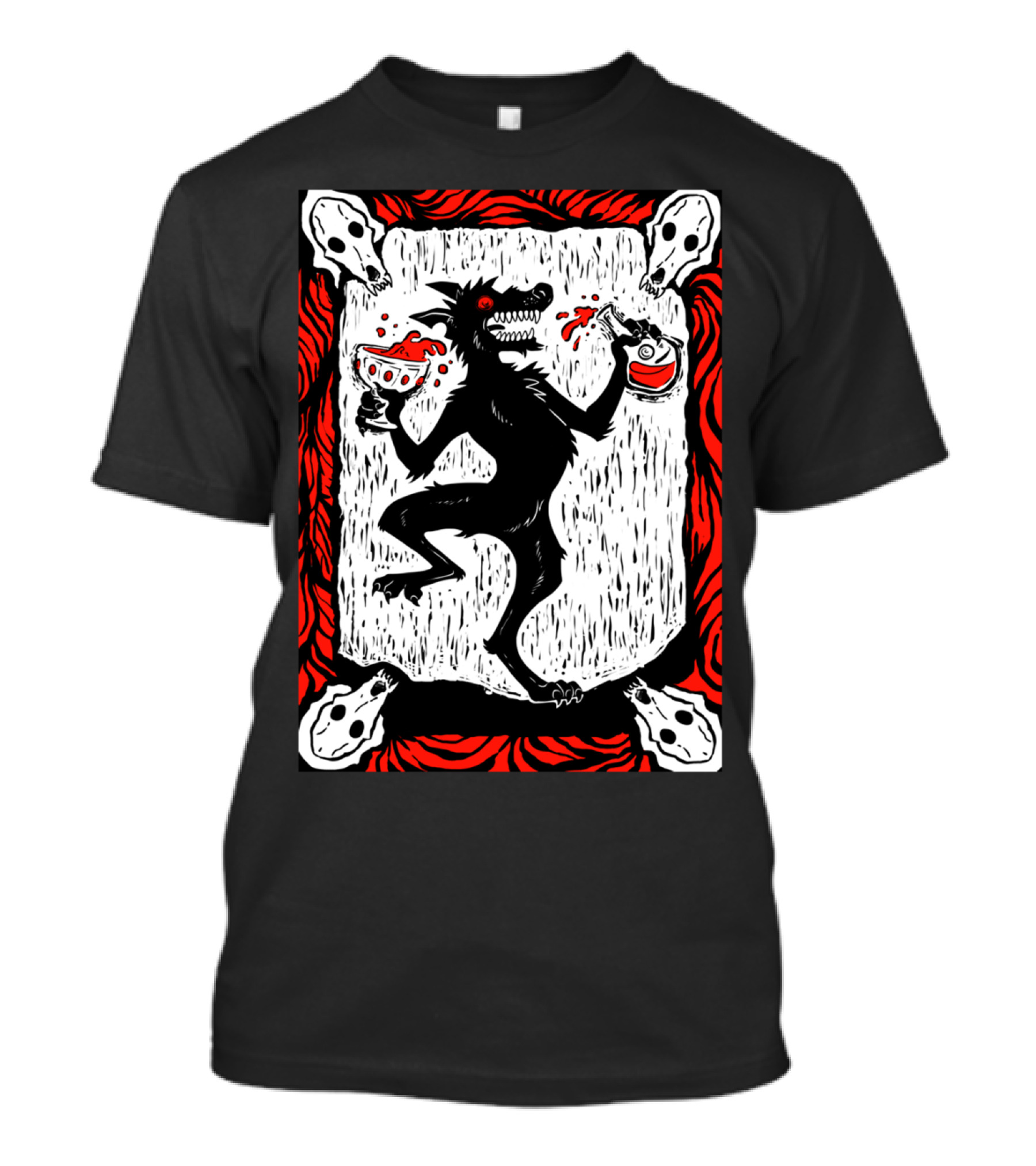 Black Dog Wine Dancing Wolf With Skulls And Wine Glasses T-Shirt