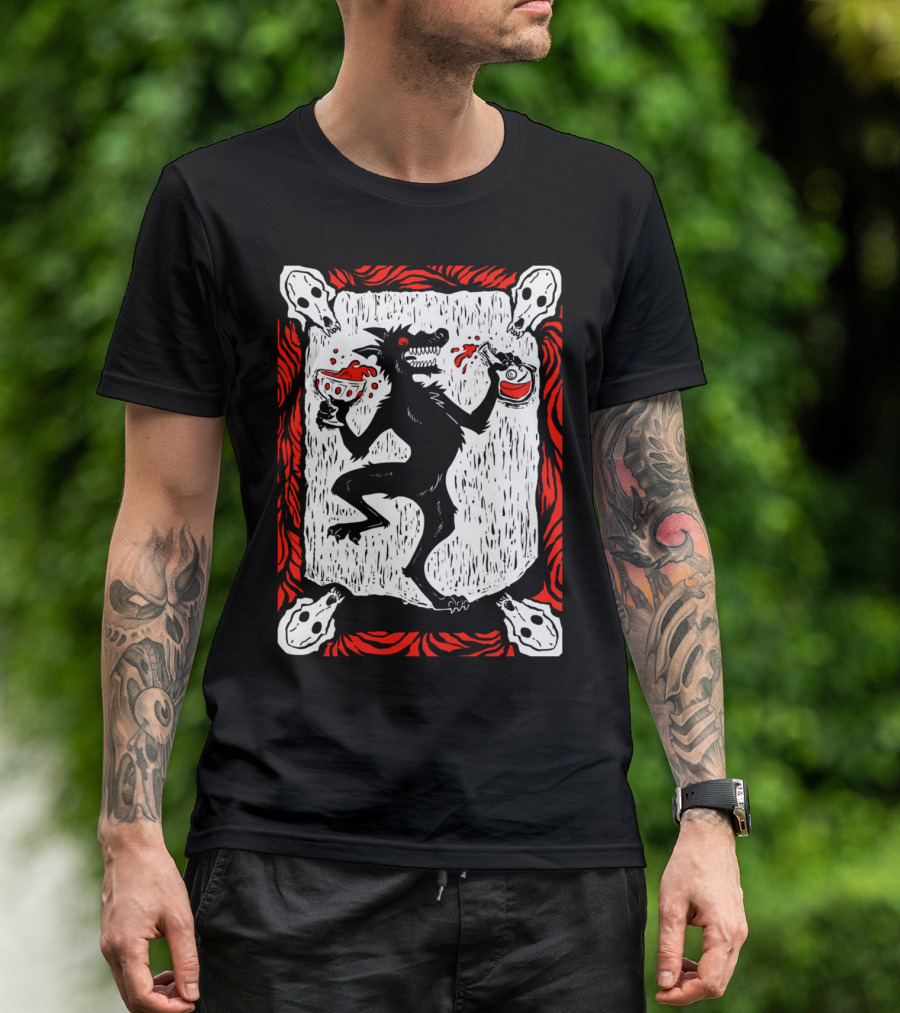 Black Dog Wine Dancing Wolf With Skulls And Wine Glasses T-Shirt