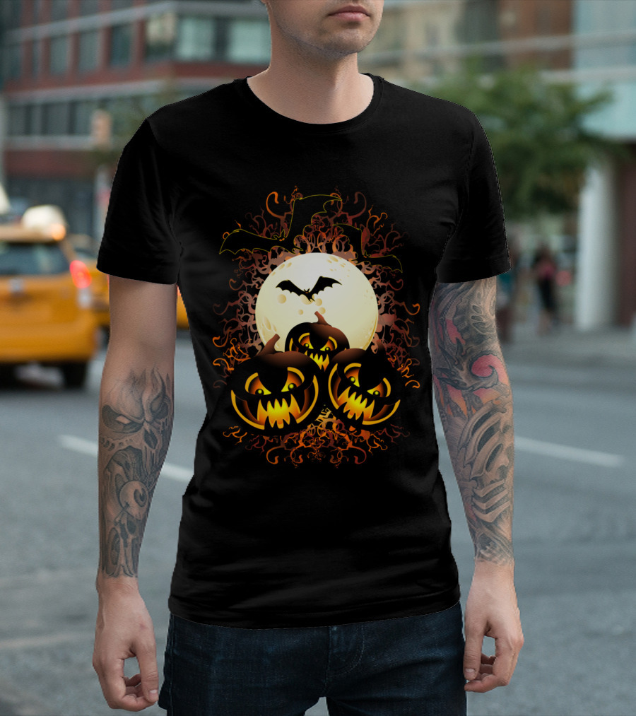 Black Evil Pumpkins Halloween Night Full Moon Bats T-Shirt
