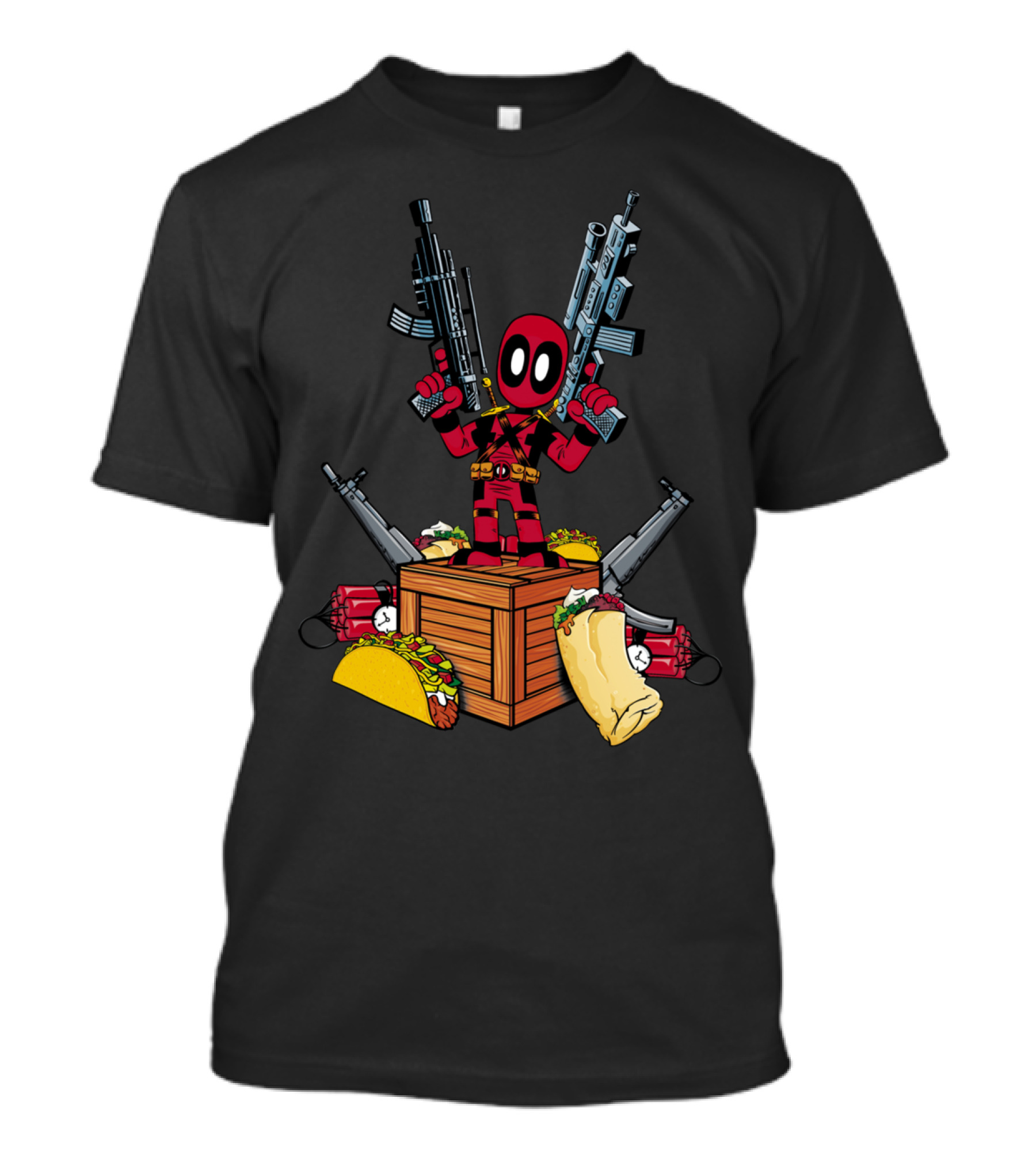 Deadpool Dual Wielding Tacos And Burrito On Crate With Guns And Dynamite T-Shirt