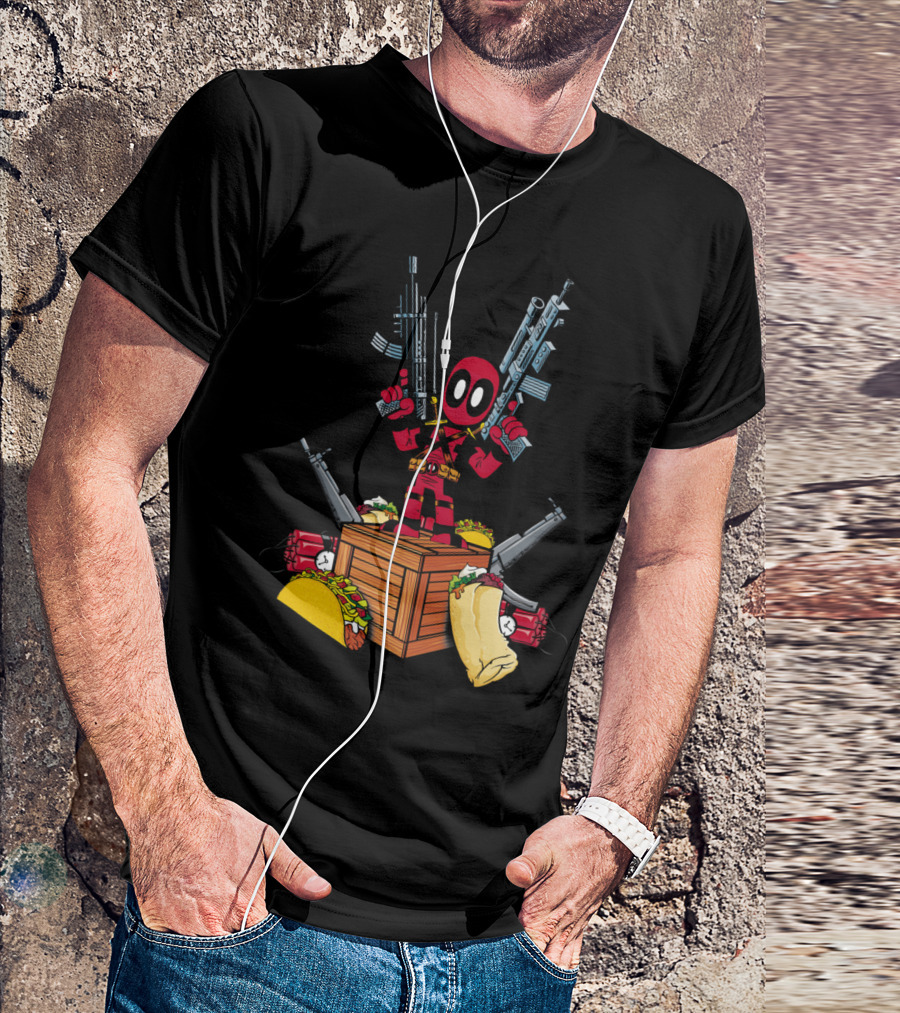 Deadpool Dual Wielding Tacos And Burrito On Crate With Guns And Dynamite T-Shirt