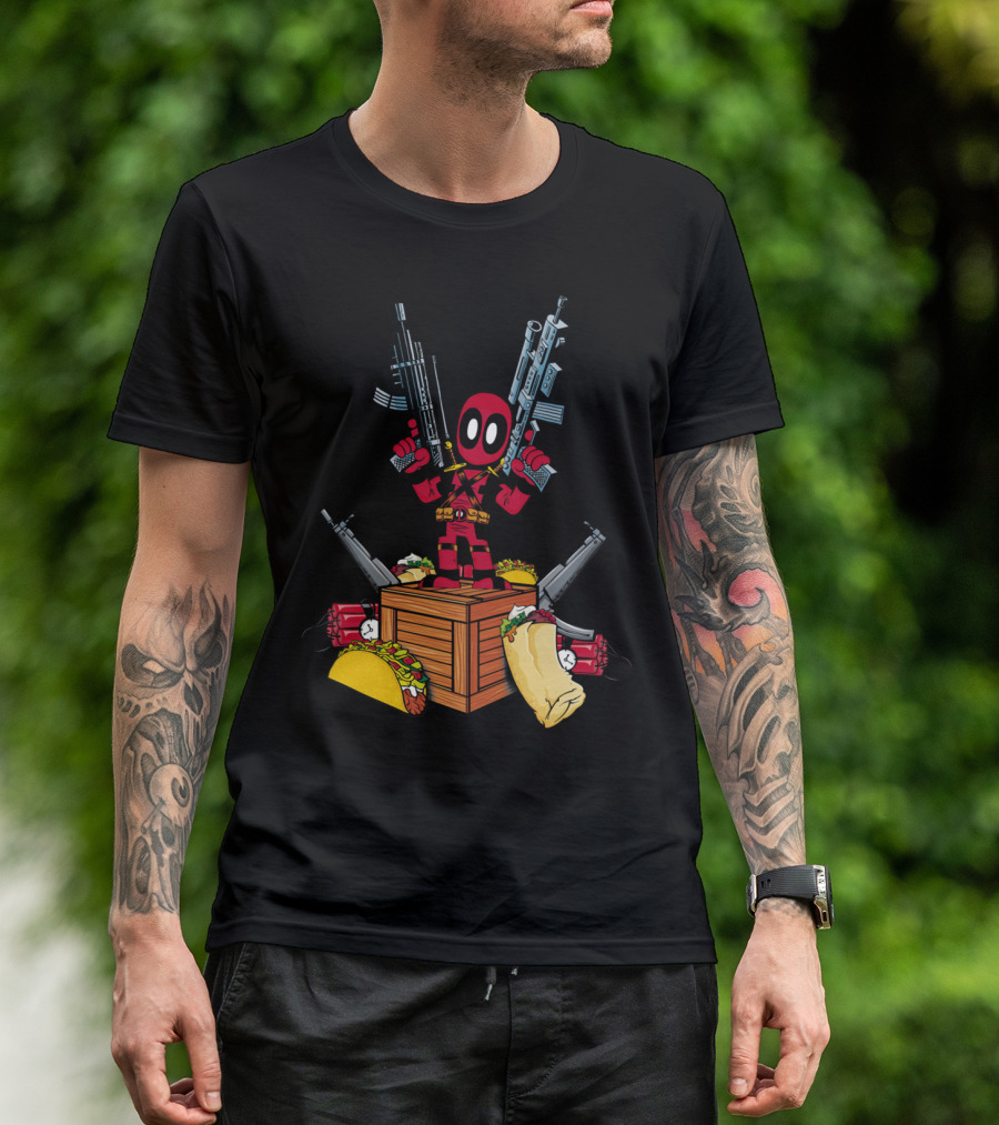 Deadpool Dual Wielding Tacos And Burrito On Crate With Guns And Dynamite T-Shirt