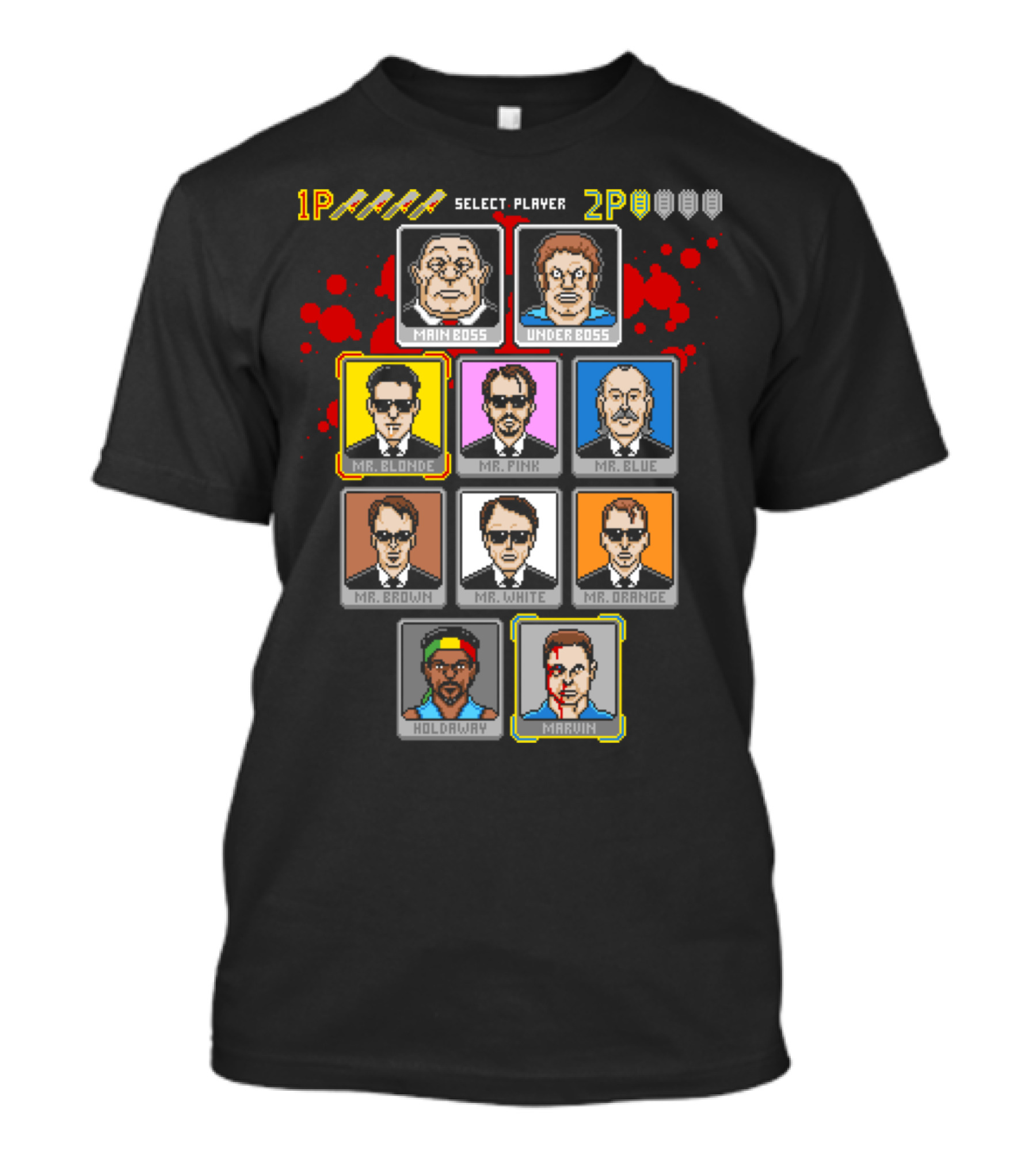 8 Bit Reservoir Characters Main Boss Underboss Mr Blonde Mr Pink Mr Blue Mr Brown Mr White Mr Orange Holdaway Marvin T-Shirt