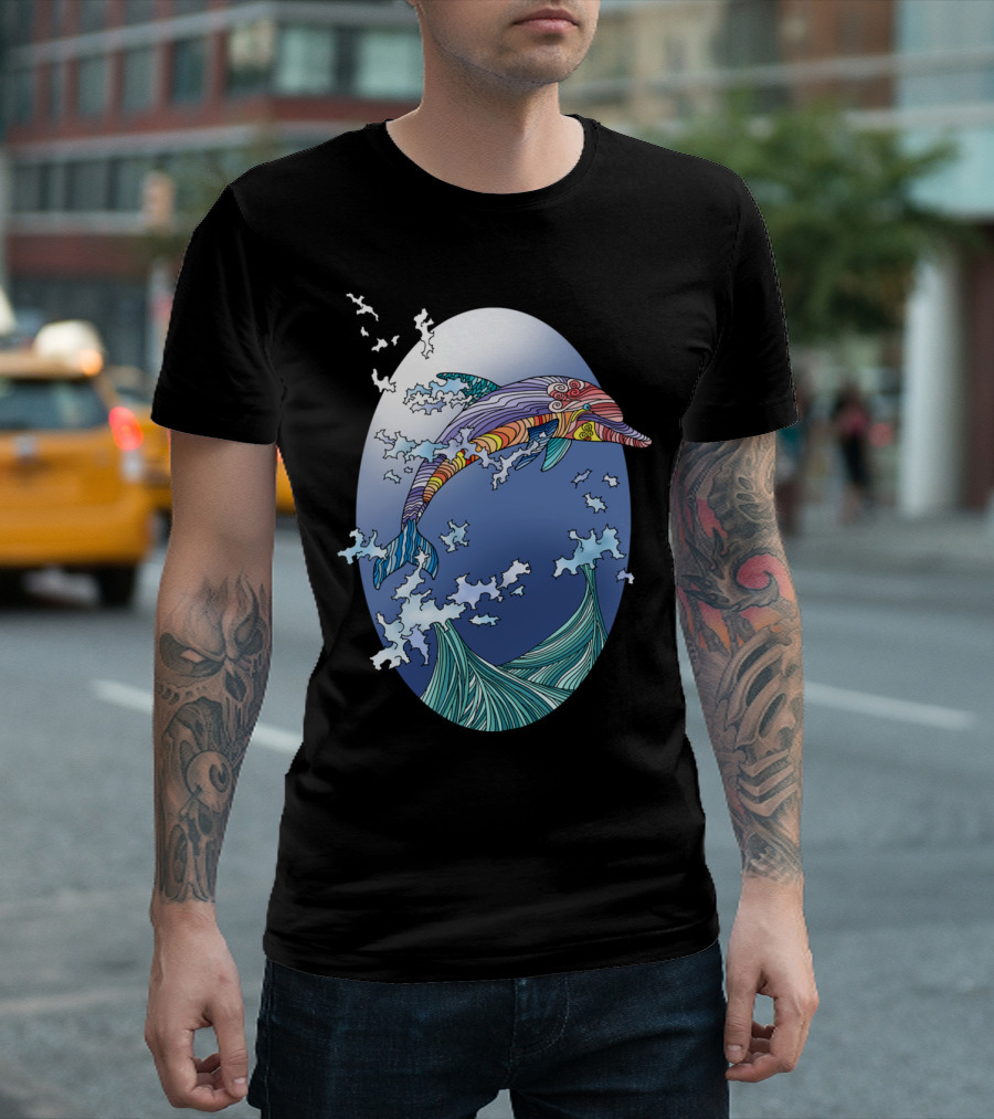Colorful Dolphin Ocean Waves Psychedelic T-Shirt