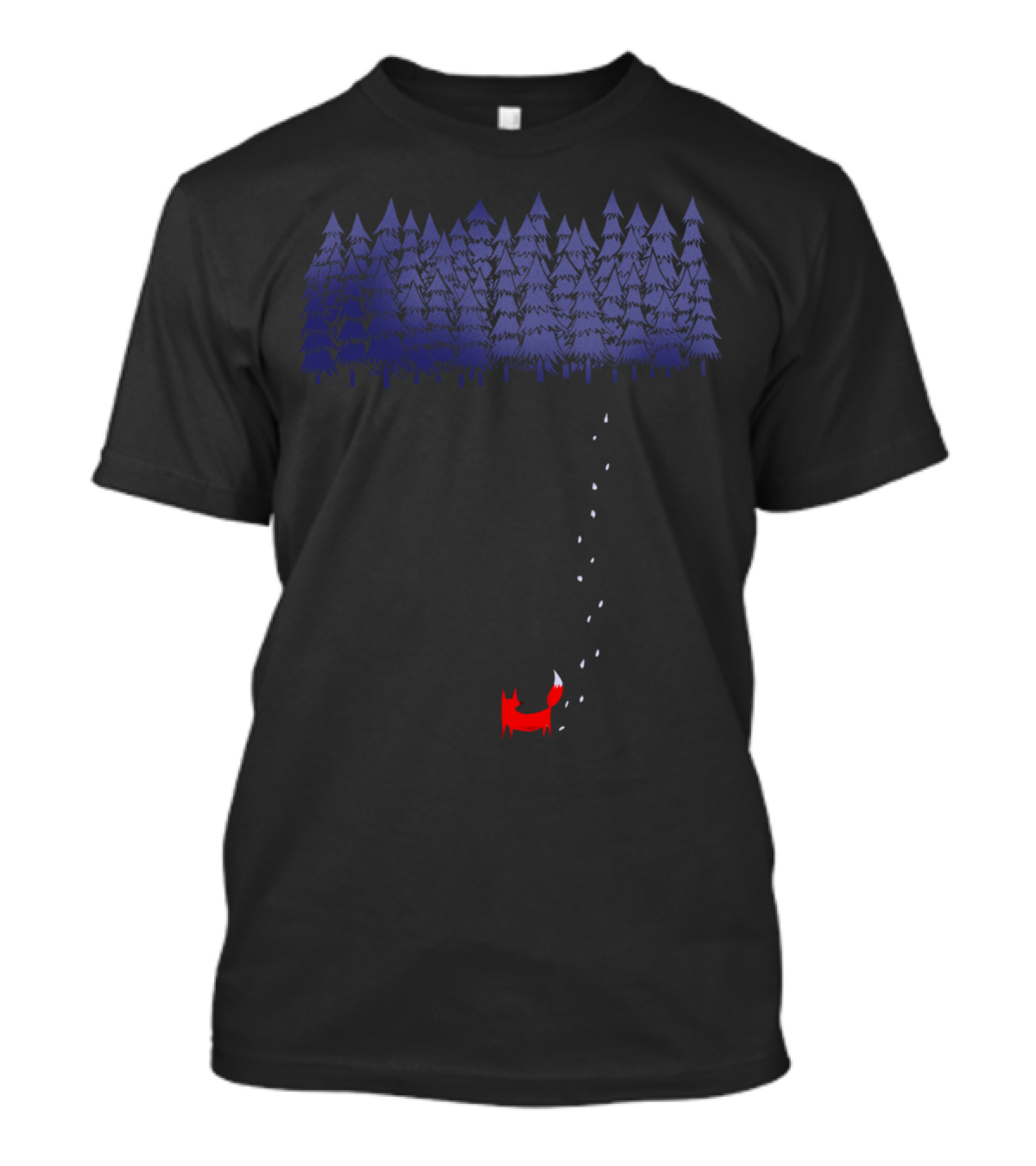 Red Fox Alone In The Dark Forest With Tall Blue Trees T-Shirt