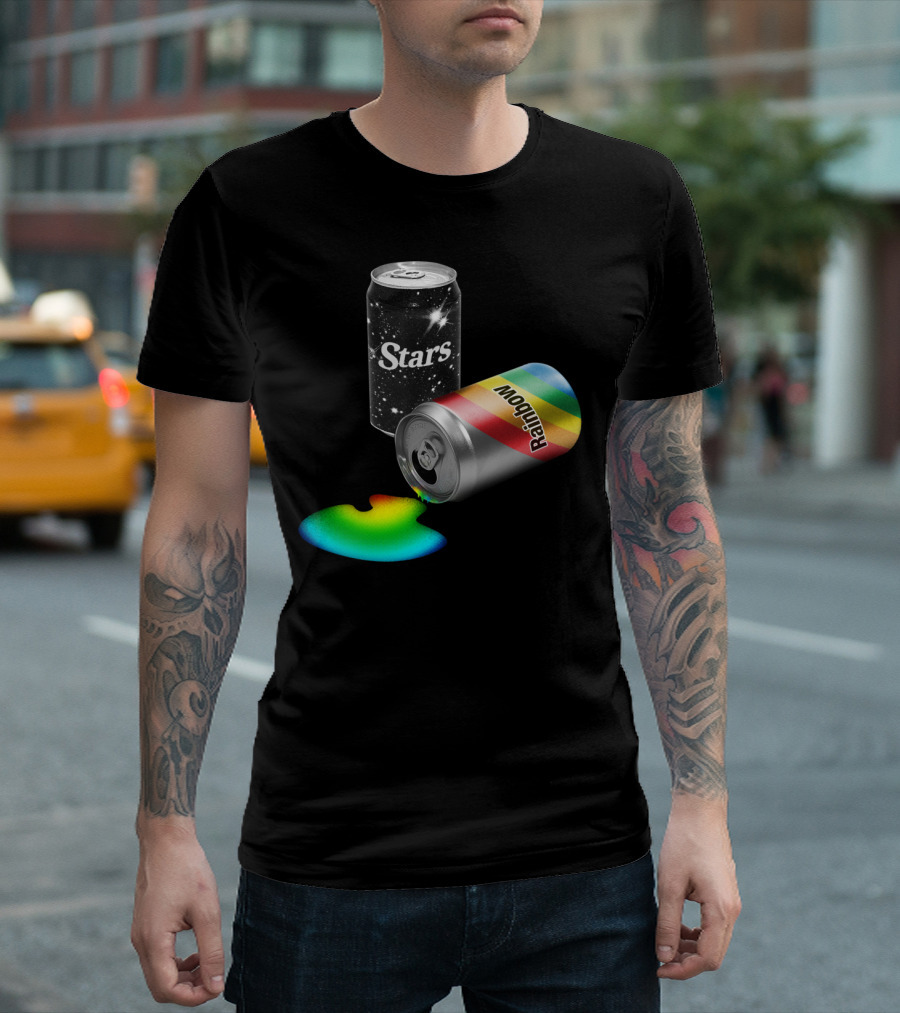 Stars Rainbow Elixirs Of Life Cans Cosmic Colorful Drink Spill T-Shirt