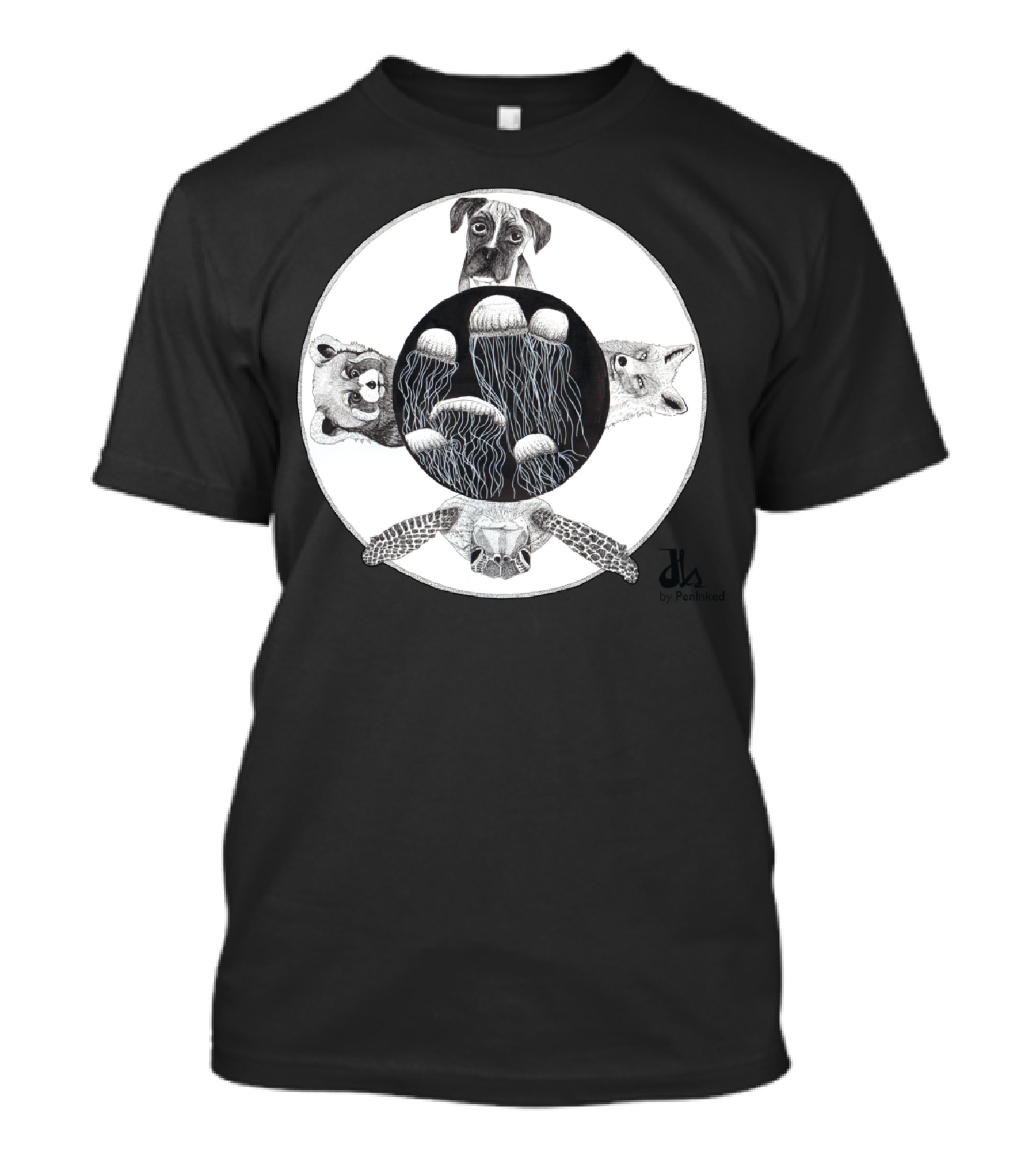 The World Terra Jellyfish Turtle Dog Racoon Fox By Peninked T-Shirt