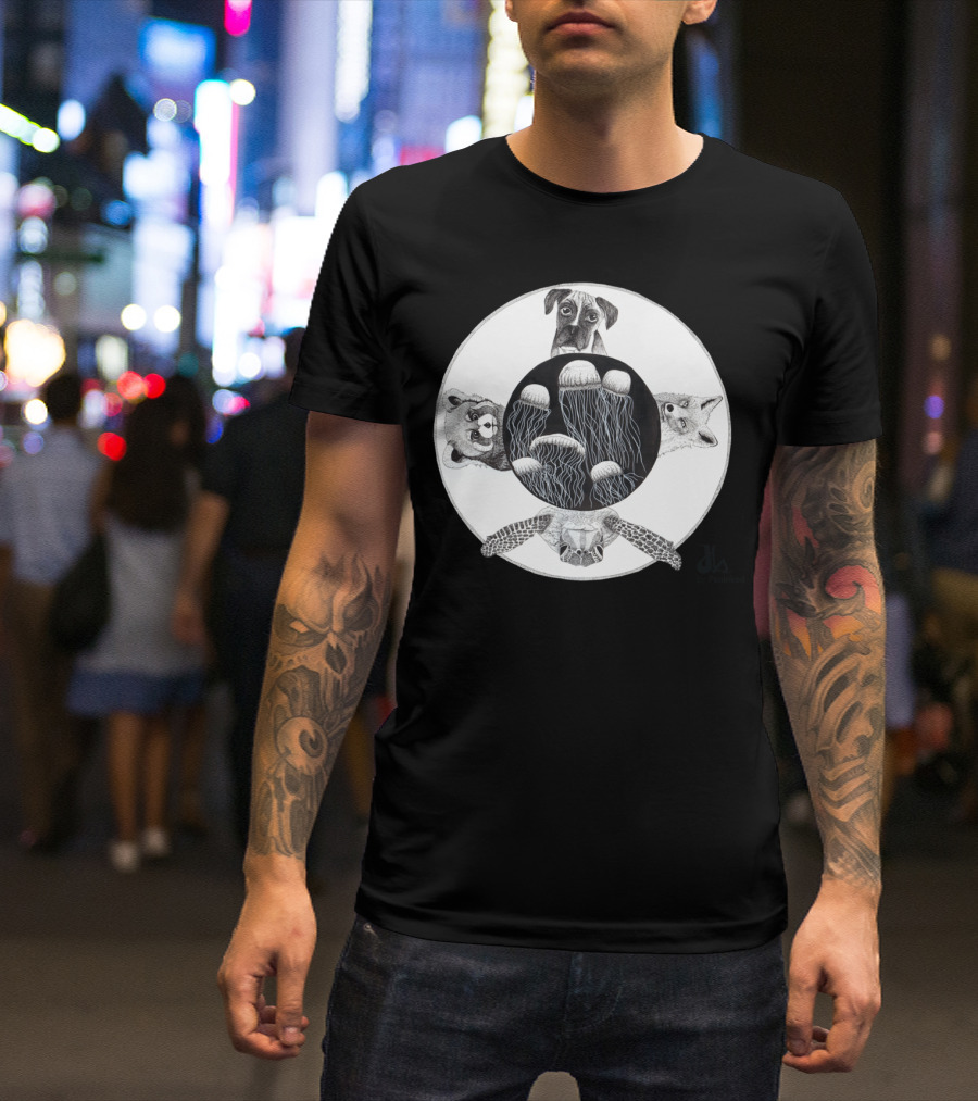 The World Terra Jellyfish Turtle Dog Racoon Fox By Peninked T-Shirt