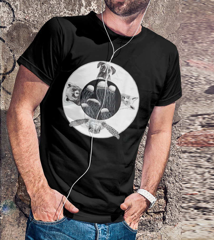 The World Terra Jellyfish Turtle Dog Racoon Fox By Peninked T-Shirt