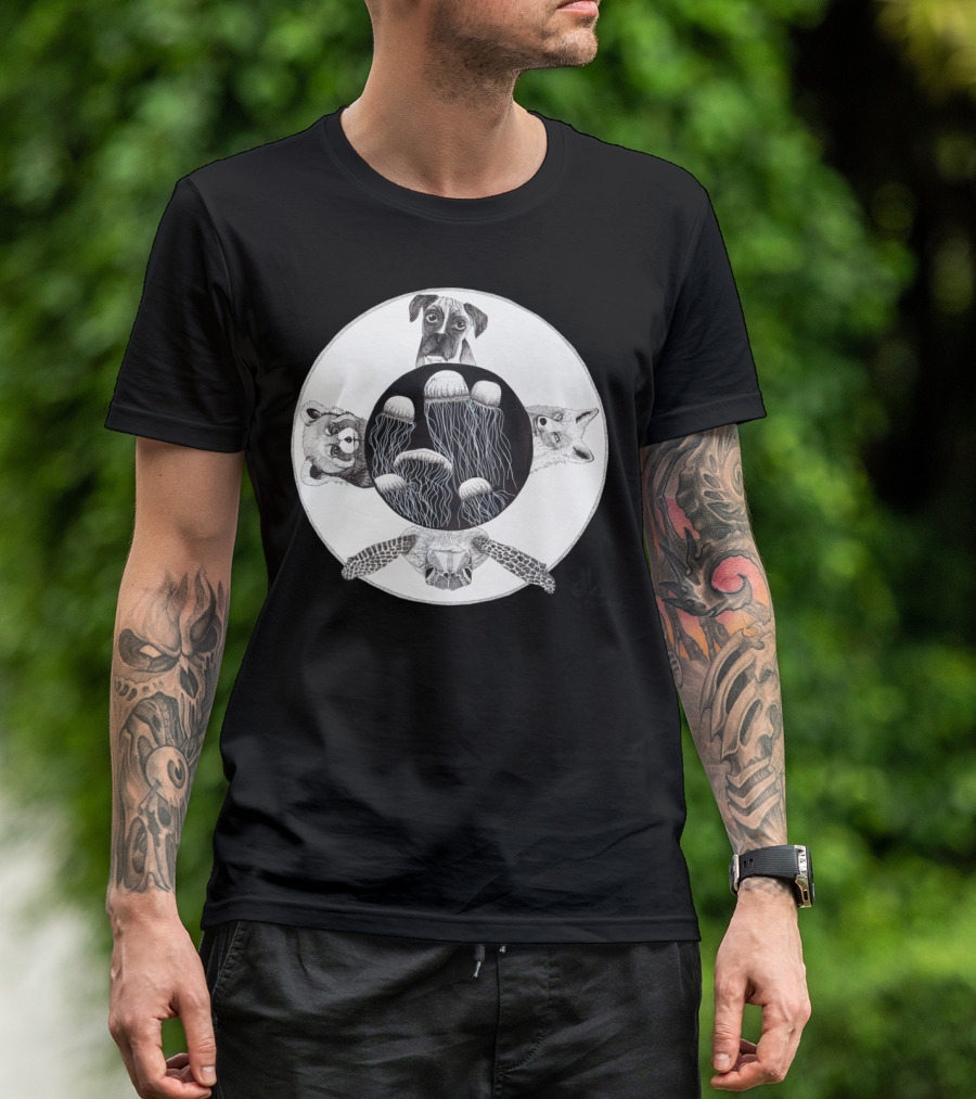 The World Terra Jellyfish Turtle Dog Racoon Fox By Peninked T-Shirt