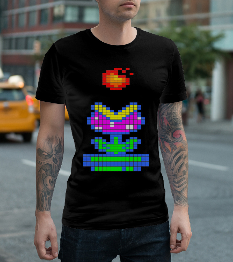 8 Bit Retro Fireball And Pixel Plant Blossom T-Shirt