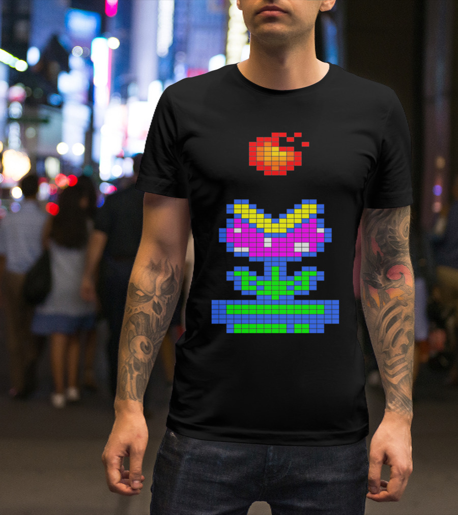 8 Bit Retro Fireball And Pixel Plant Blossom T-Shirt