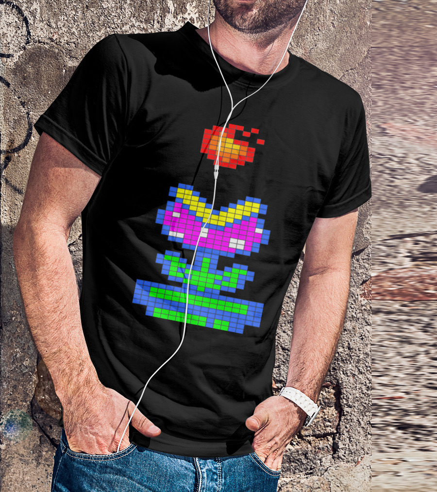 8 Bit Retro Fireball And Pixel Plant Blossom T-Shirt