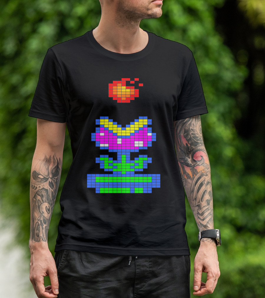 8 Bit Retro Fireball And Pixel Plant Blossom T-Shirt
