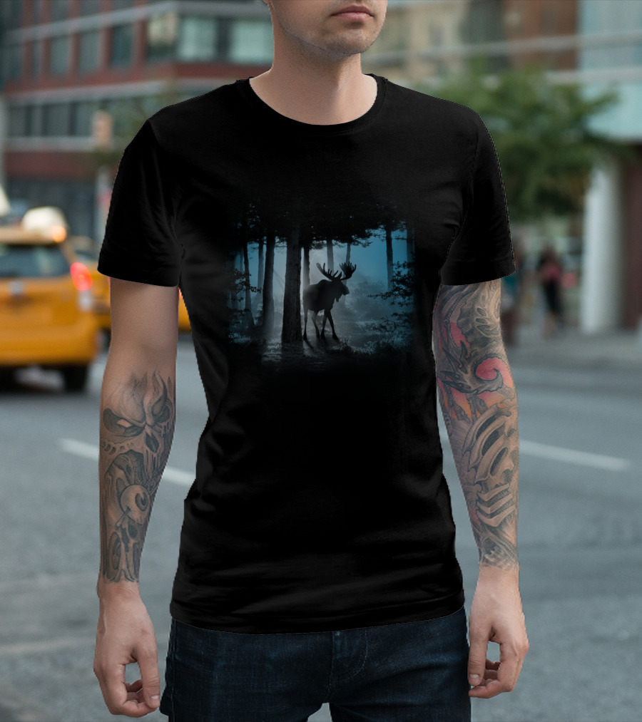 Elk Silhouette In Blue Forest Twilight T-Shirt