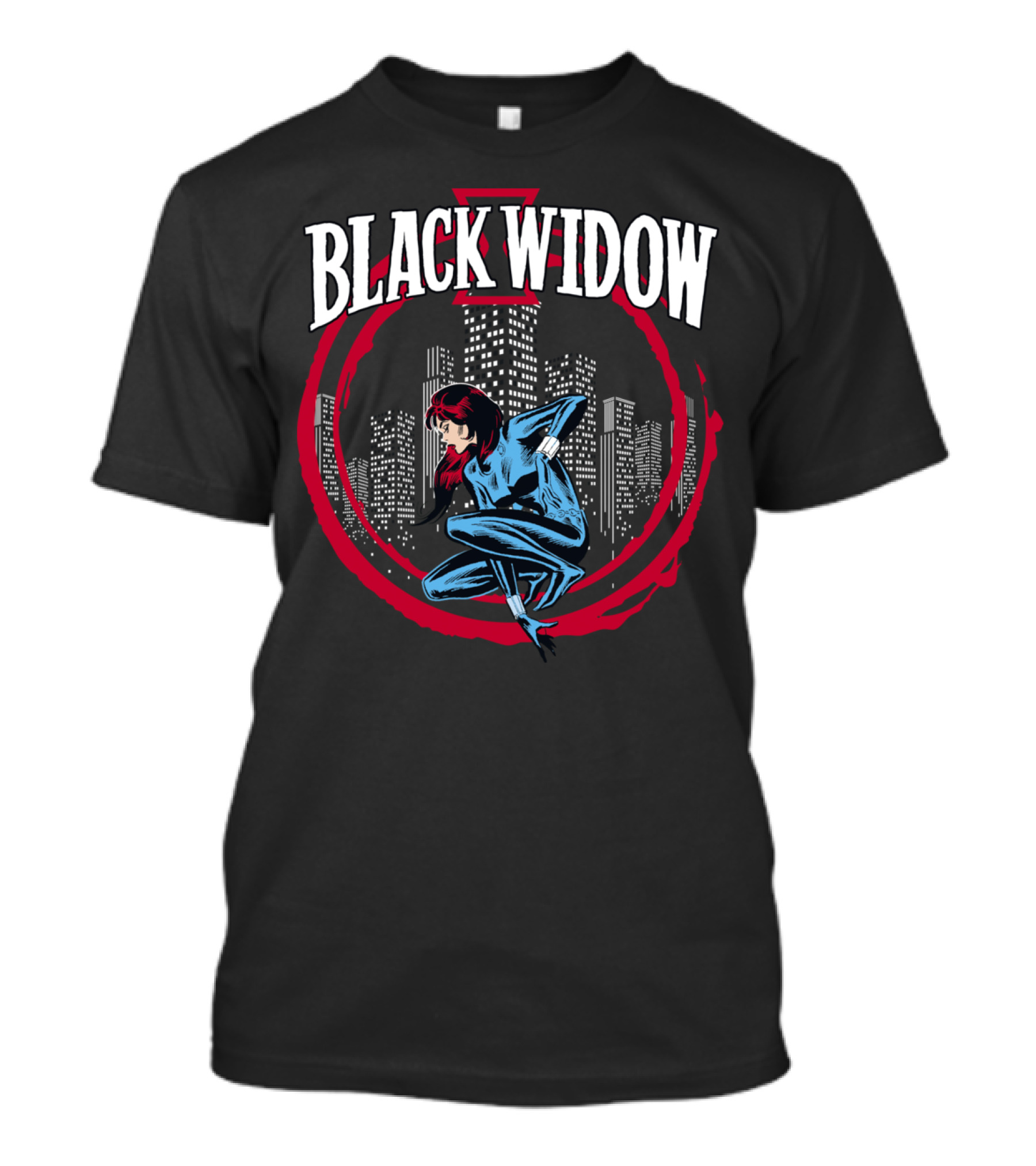 Black Widow Marvel Cityscape Hero Pose Iconic Red Circle T-Shirt