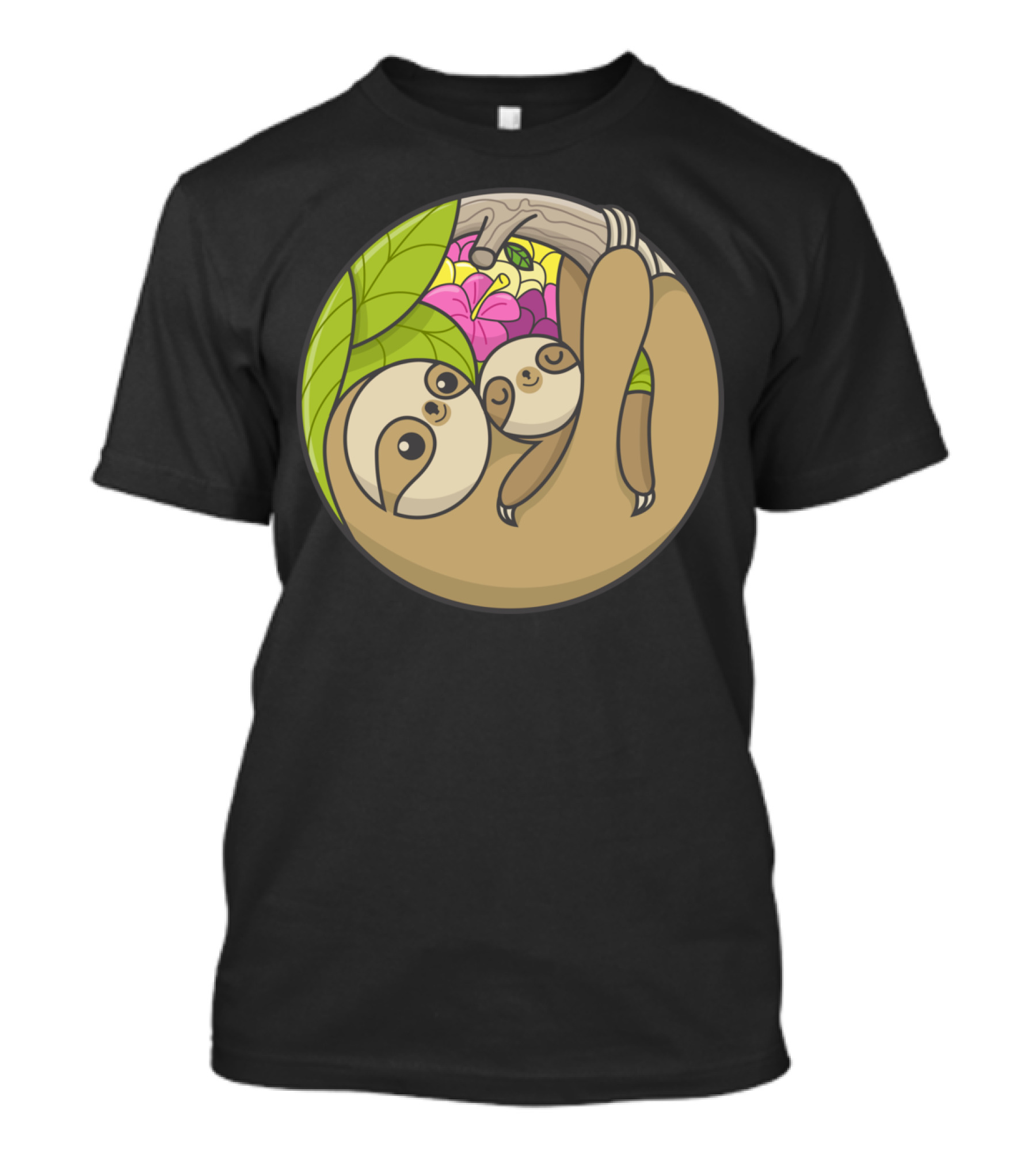 Hanging Together Cute Sloth Family With Leaf And Flowers T-Shirt