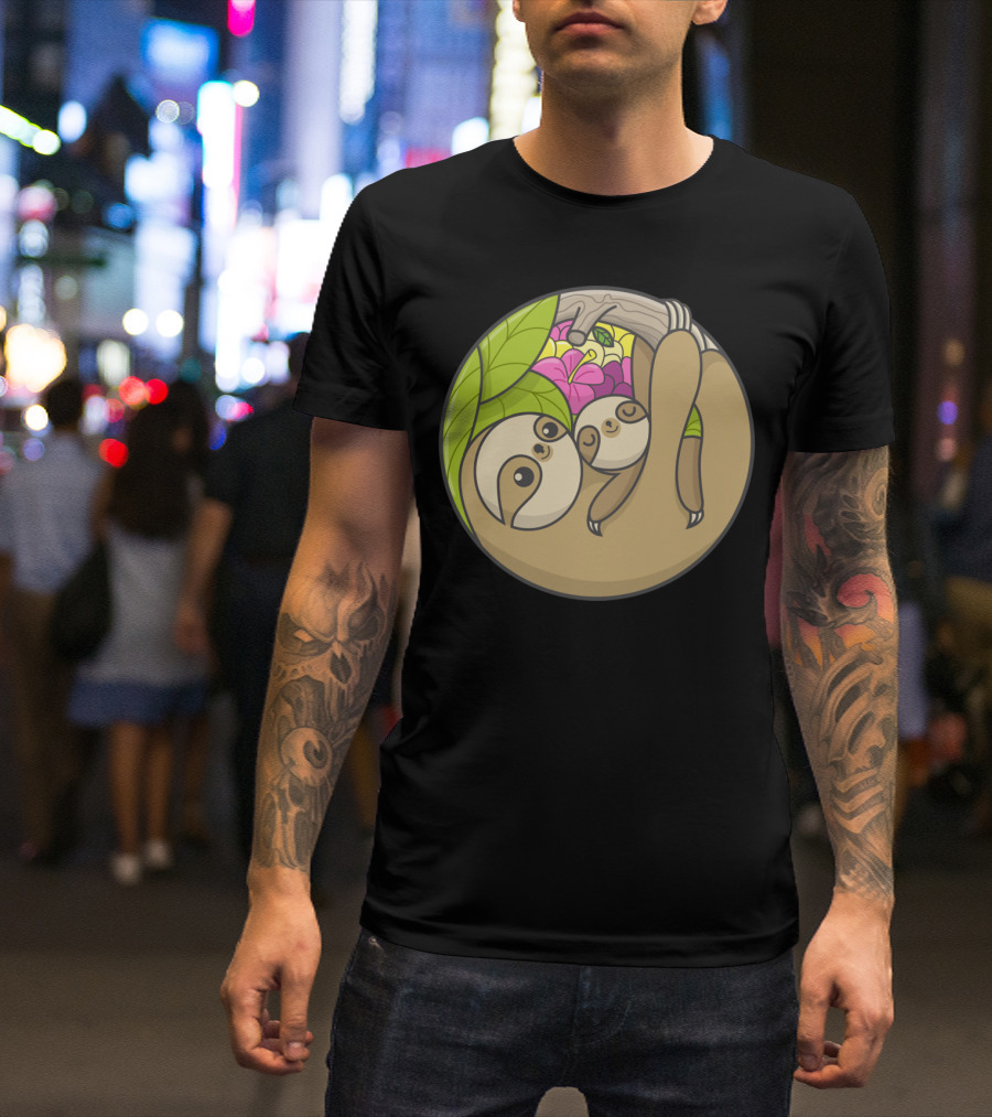 Hanging Together Cute Sloth Family With Leaf And Flowers T-Shirt